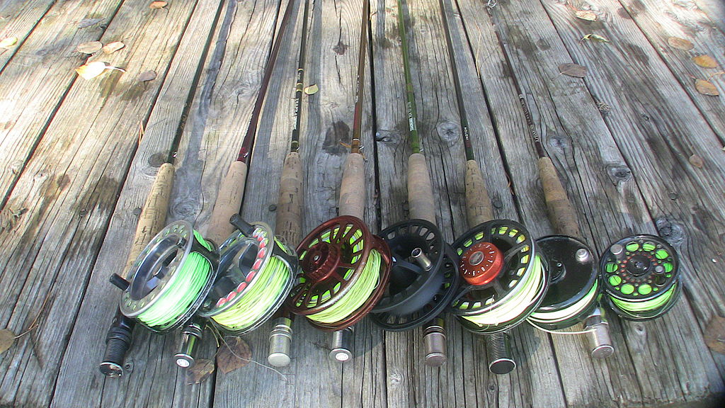 seven fly rods with reels laid out on a wooden dock